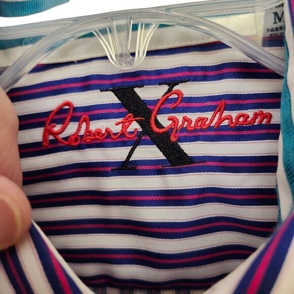 Robert‎ Graham tailored fit button front  flip cuff striped dress shirt Sz M - Picture 8 of 12